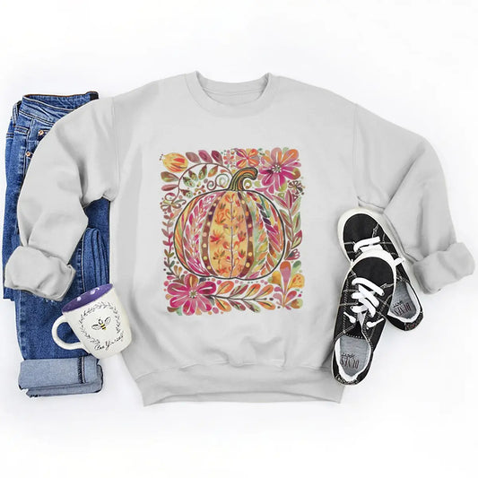 Fall Halloween Pumpkin Sweatshirt – Women’s Oversized Graphic Crewneck Pullover