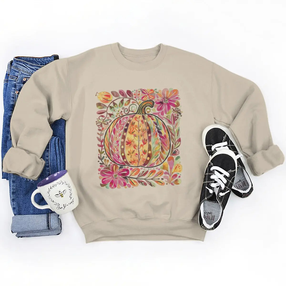 Fall Halloween Pumpkin Sweatshirt – Women’s Oversized Graphic Crewneck Pullover