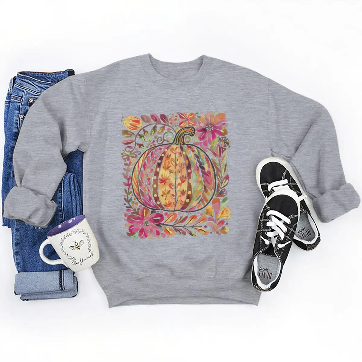 Fall Halloween Pumpkin Sweatshirt – Women’s Oversized Graphic Crewneck Pullover
