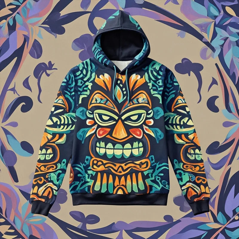 Tiki Mask Hoodie – Hawaiian 3D Print Oversized Harajuku Pullover for Men & Women