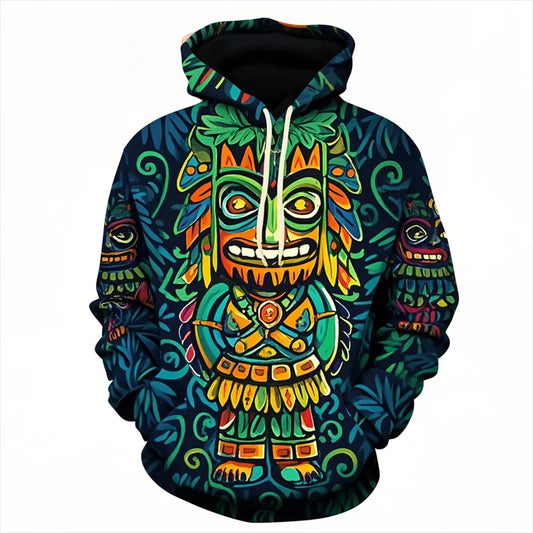 Tiki Mask Hoodie – Hawaiian 3D Print Oversized Harajuku Pullover for Men & Women