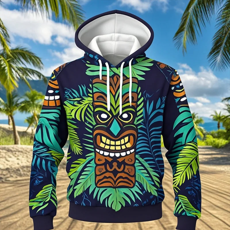 Tiki Mask Hoodie – Hawaiian 3D Print Oversized Harajuku Pullover for Men & Women