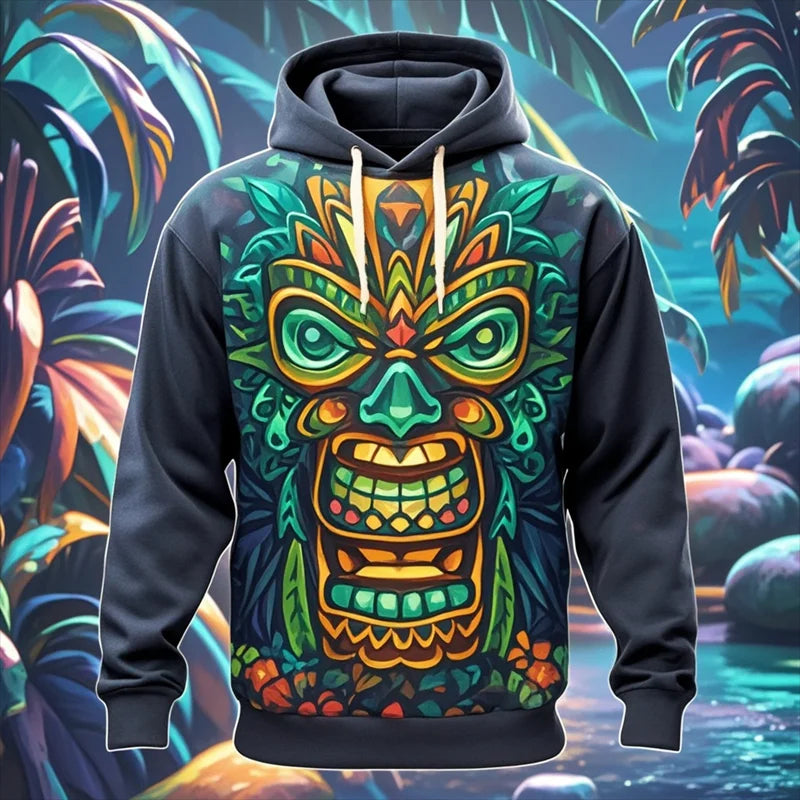 Tiki Mask Hoodie – Hawaiian 3D Print Oversized Harajuku Pullover for Men & Women