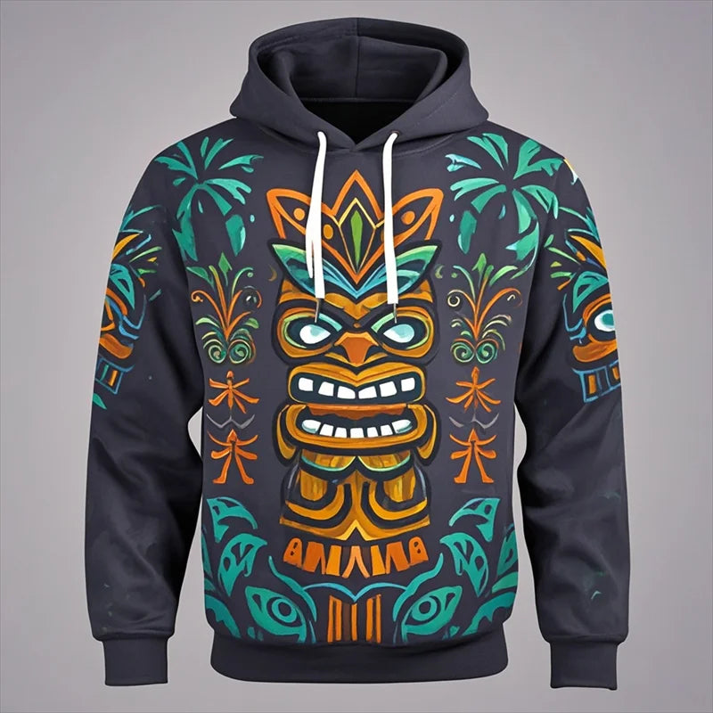 Tiki Mask Hoodie – Hawaiian 3D Print Oversized Harajuku Pullover for Men & Women