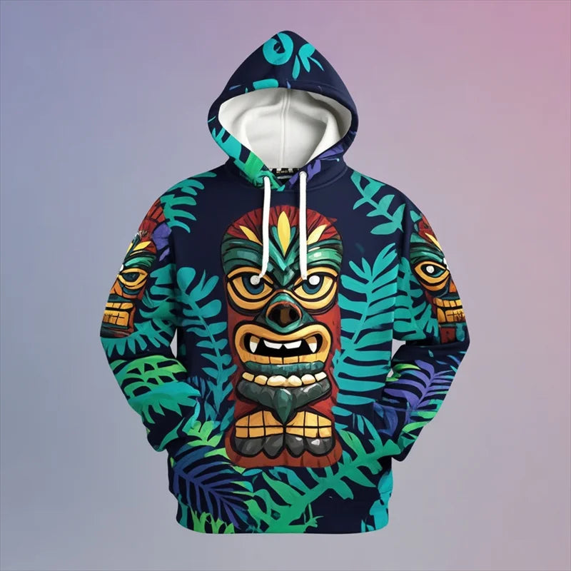 Tiki Mask Hoodie – Hawaiian 3D Print Oversized Harajuku Pullover for Men & Women