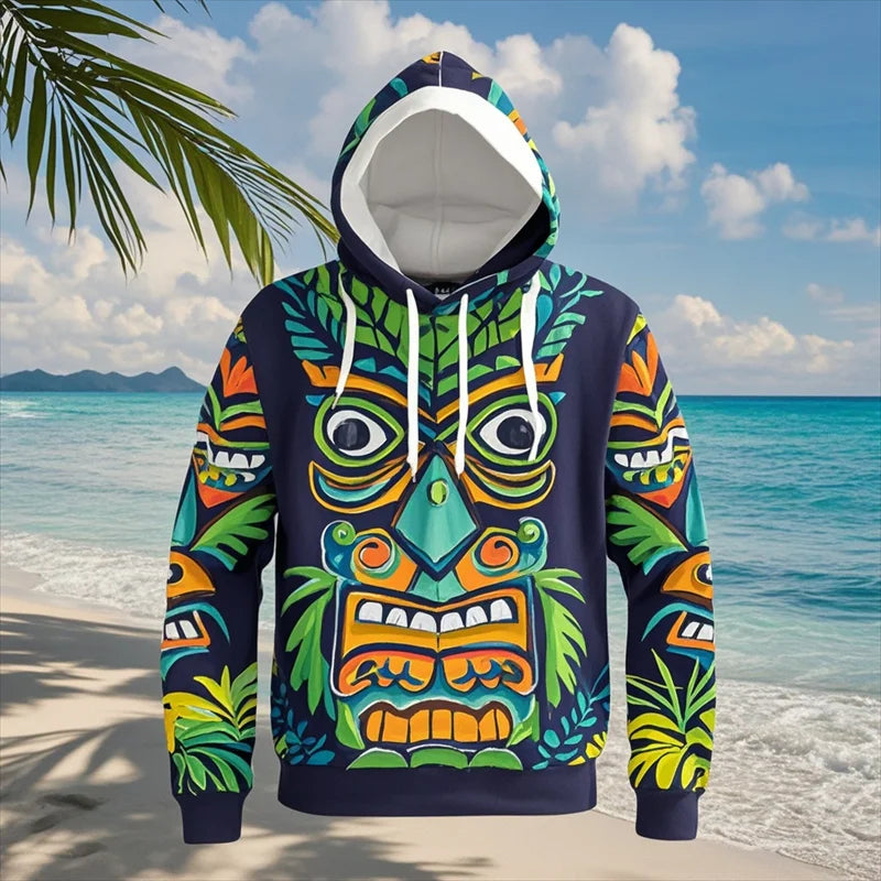 Tiki Mask Hoodie – Hawaiian 3D Print Oversized Harajuku Pullover for Men & Women