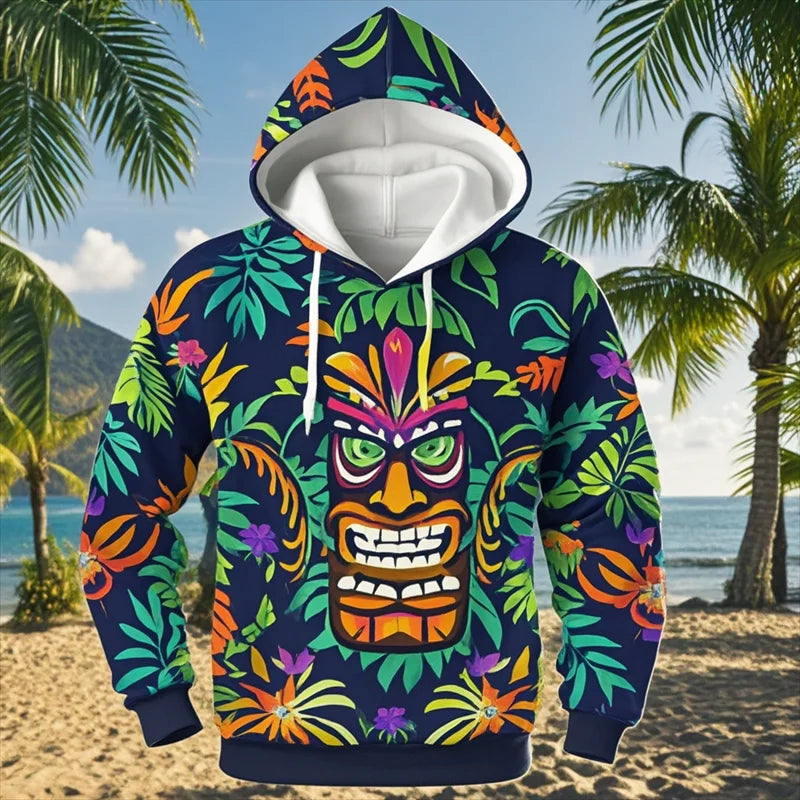 Tiki Mask Hoodie – Hawaiian 3D Print Oversized Harajuku Pullover for Men & Women