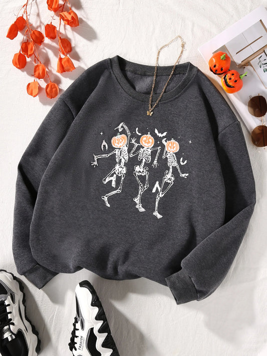 Halloween Women’s Sweatshirt – Pumpkin Skeleton O-Neck Long Sleeve Loose Fit Top for Party 2025