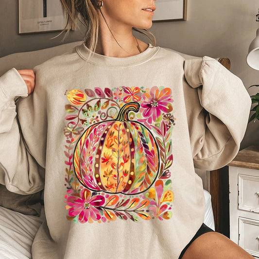 Fall Halloween Pumpkin Sweatshirt – Women’s Oversized Graphic Crewneck Pullover