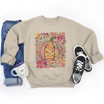 Fall Halloween Pumpkin Sweatshirt – Women’s Oversized Graphic Crewneck Pullover