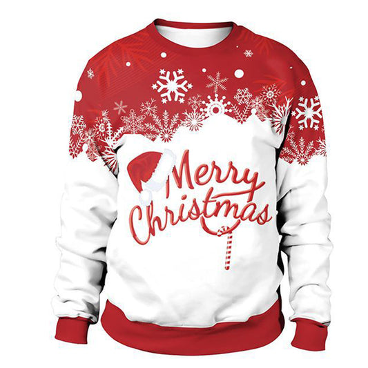 Men’s Christmas Sweatshirt – 3D Snowflake Print Red & White Crewneck Pullover