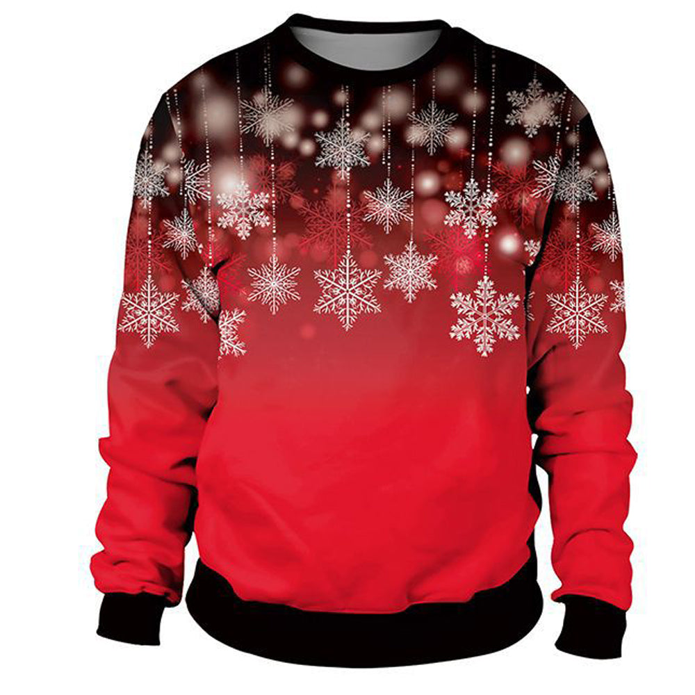 Men’s Christmas Sweatshirt – 3D Snowflake Print Red & White Crewneck Pullover