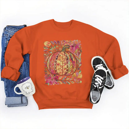 Fall Halloween Pumpkin Sweatshirt – Women’s Oversized Graphic Crewneck Pullover