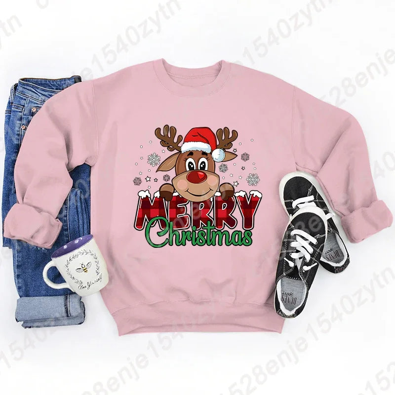Women’s Christmas Reindeer Sweatshirt – Plaid Graphic Long Sleeve Crewneck
