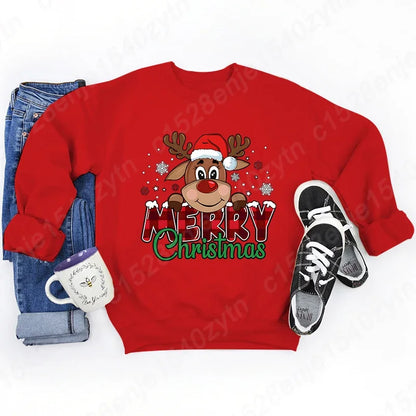 Women’s Christmas Reindeer Sweatshirt – Plaid Graphic Long Sleeve Crewneck