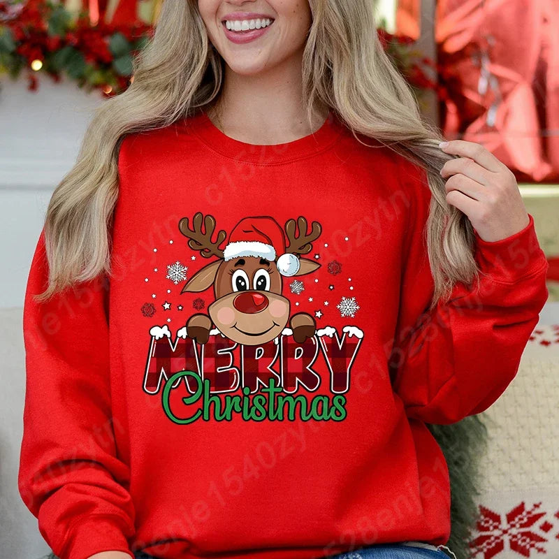 Women’s Christmas Reindeer Sweatshirt – Plaid Graphic Long Sleeve Crewneck