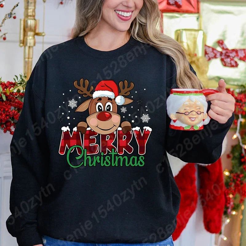 Women’s Christmas Reindeer Sweatshirt – Plaid Graphic Long Sleeve Crewneck