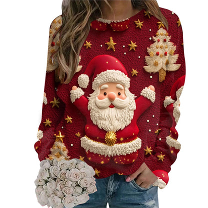 Women’s Christmas Sweatshirt – Santa Claus Print Long Sleeve Crewneck