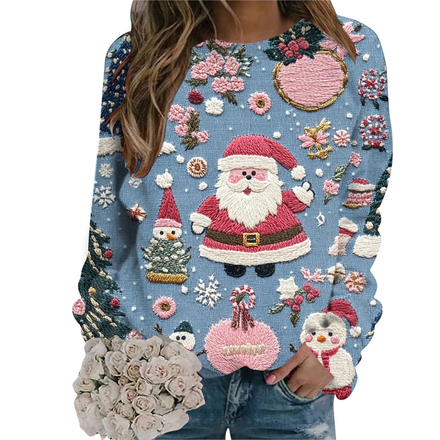 Women’s Christmas Sweatshirt – Santa Claus Print Long Sleeve Crewneck