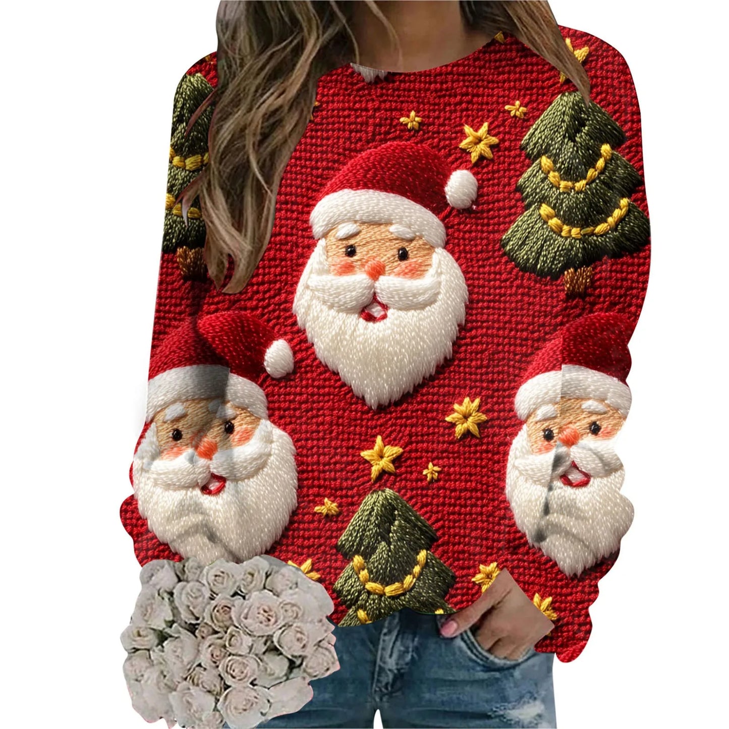 Women’s Christmas Sweatshirt – Santa Claus Print Long Sleeve Crewneck