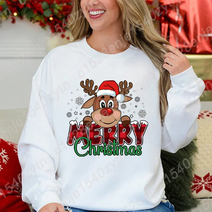Women’s Christmas Reindeer Sweatshirt – Plaid Graphic Long Sleeve Crewneck