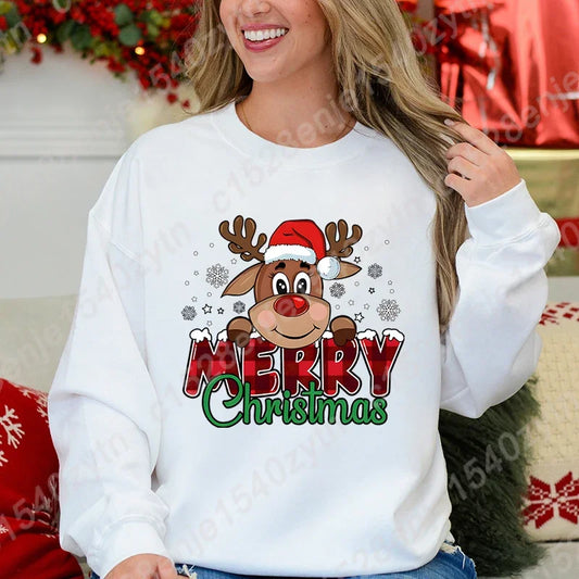 Women’s Christmas Reindeer Sweatshirt – Plaid Graphic Long Sleeve Crewneck