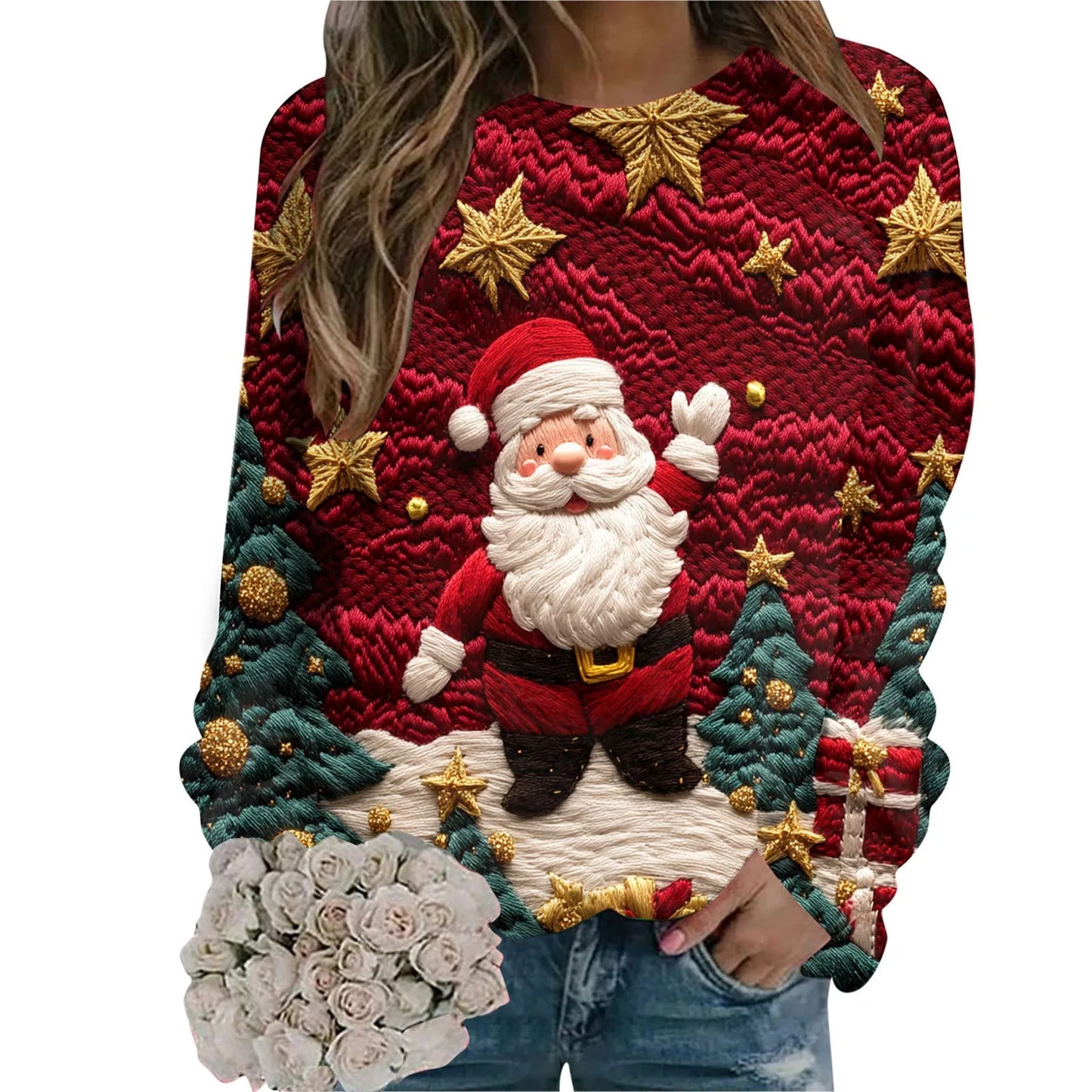Women’s Christmas Sweatshirt – Santa Claus Print Long Sleeve Crewneck