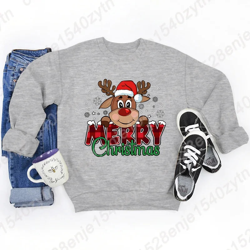 Women’s Christmas Reindeer Sweatshirt – Plaid Graphic Long Sleeve Crewneck