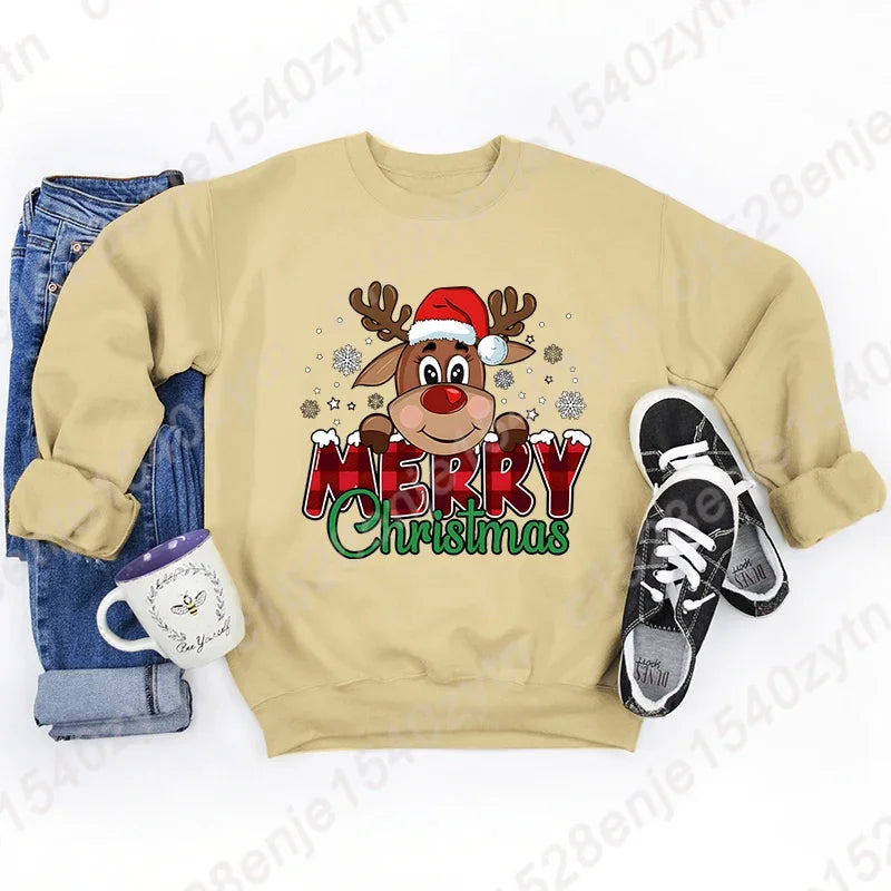 Women’s Christmas Reindeer Sweatshirt – Plaid Graphic Long Sleeve Crewneck