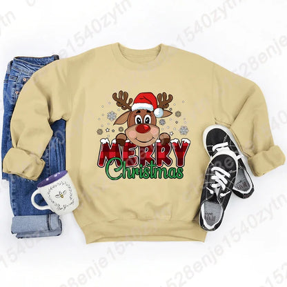 Women’s Christmas Reindeer Sweatshirt – Plaid Graphic Long Sleeve Crewneck