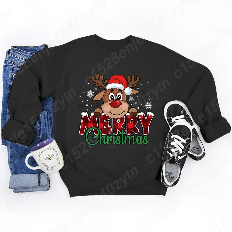 Women’s Christmas Reindeer Sweatshirt – Plaid Graphic Long Sleeve Crewneck
