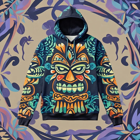 Tiki Mask Hoodie – Hawaiian 3D Print Oversized Harajuku Pullover for Men & Women