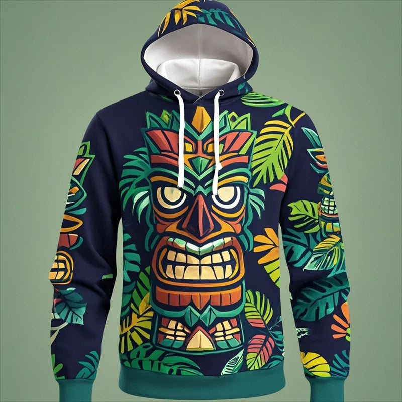Tiki Mask Hoodie – Hawaiian 3D Print Oversized Harajuku Pullover for Men & Women