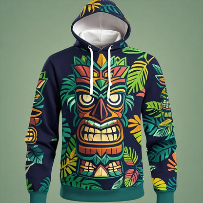 Tiki Mask Hoodie – Hawaiian 3D Print Oversized Harajuku Pullover for Men & Women