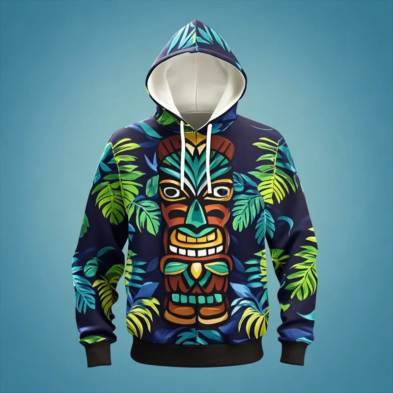 Tiki Mask Hoodie – Hawaiian 3D Print Oversized Harajuku Pullover for Men & Women